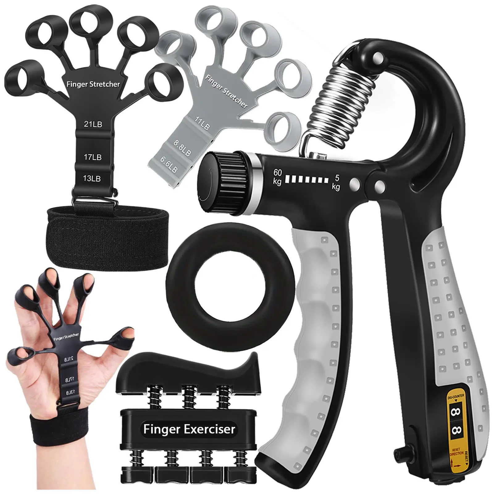 Grip Strength Trainer 5Pcs-Hand Grip Strengthener Kit with Adjustable Forearm Gripper, Finger Exerciser, Finger Stretchers, Hand Workout Ring-Hand Exerciser for Muscle Building, Physical Therapy and Rehabilitation Training Equipment Handgrip