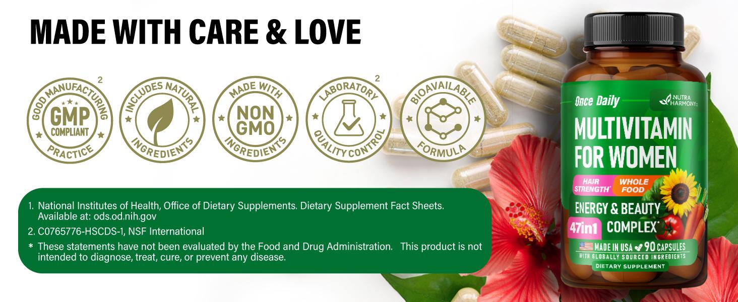 47-in-1 Multivitamin Complex for Women: B-Complex, Whole Foods, Hair Growth Support, Digestion & Metabolism, Iron. Vegan, Bioavailable & Gentle on Stomach. Made in USA. 90 Capsules
