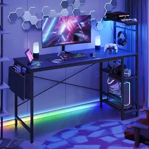 Pinmoco Gaming Desk with LED Lights, 51.3 Inch Computer Desk with 4 Tiers Reversible Shelves, Home Office Writing Desk with Side Storage Bag, Hooks and Height Adjustable Shelf