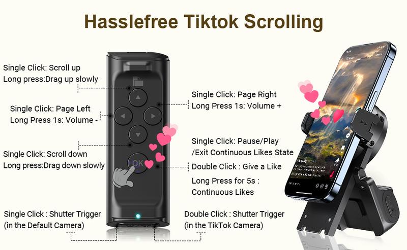 Remote Control for TikTok Scrolling, Wireless Page Turner & Selfie with Smartphone Holder Stand - Camera Video Recording Remote for iPhone, Android, Kindle App Purple Cellphone,Upgraded