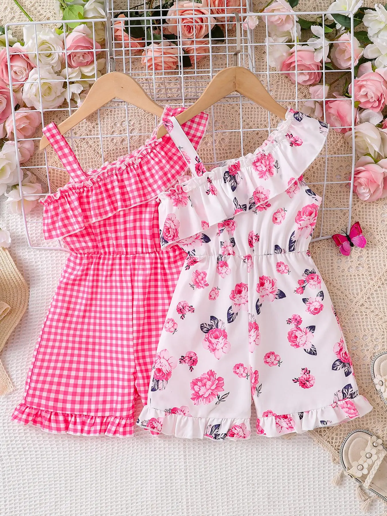 Girl's Plaid/Floral Print Ruffle Trim Romper, Casual Sleeveless Romper for Summer, Kids Clothes for Daily Wear