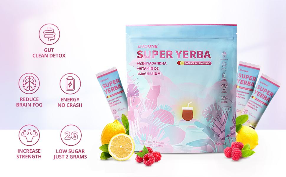 ZOOONE Super Yerba | Yerba Mate Instant Tea Powder |  RASPBERRY LEMONADE Flavor | 30 Servings