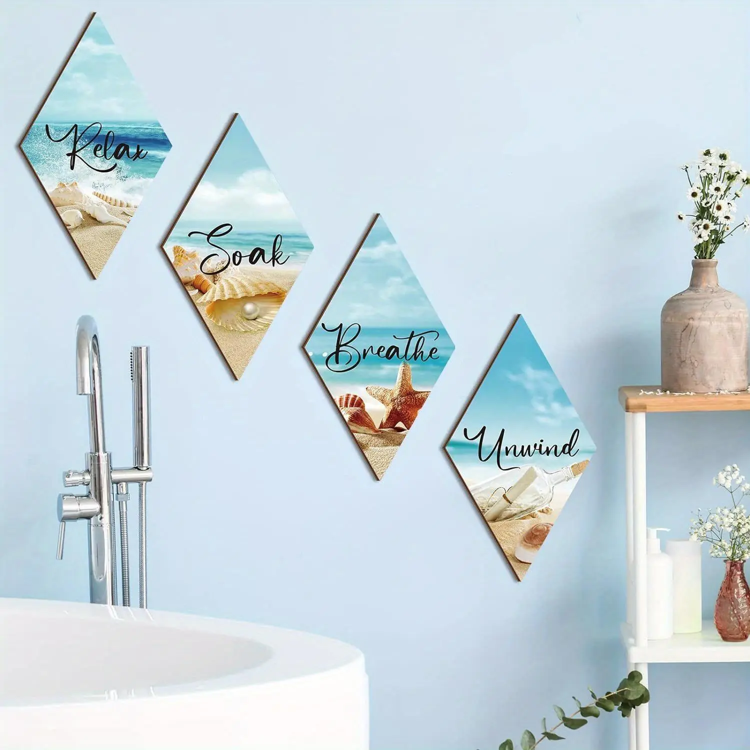 Summer Theme Beach Shells Pattern Wooden Hanging Sign, Coastal Decor, Decoration Items, 4 Counts/set Relax Unwind Breathe Wall Decor, Wall Art for Home Living Room Bedroom Decor, Home Decor Supplies