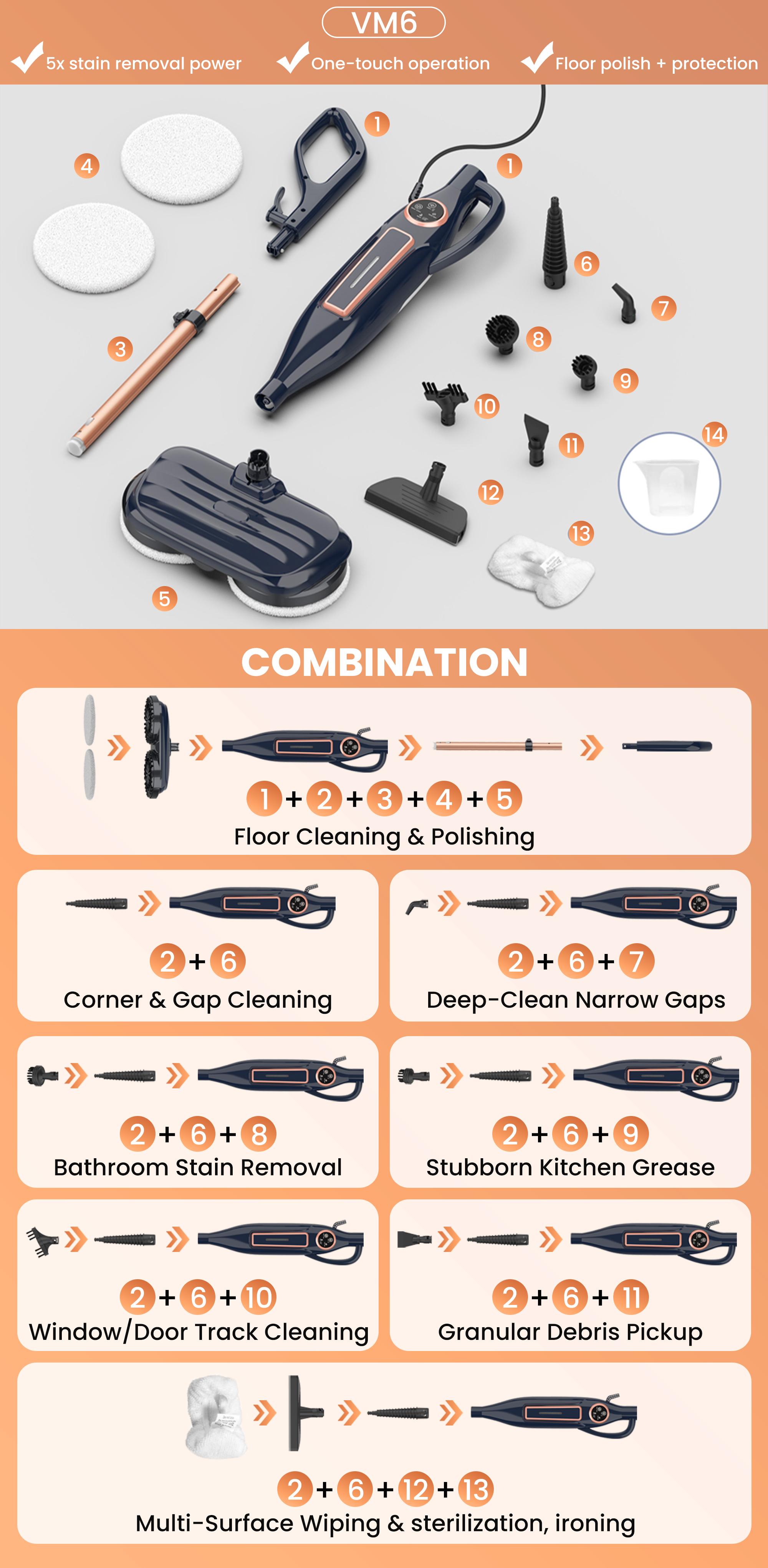 [FebFaves]DEVOAC VM6 Rotating Steam Mop, Electric Cleaner for Sticky Grime & Grease. 10-in-1 with 3 Steam Settings for Floors, Walls, Tiles, Cabinets. Fast Heat-Up.