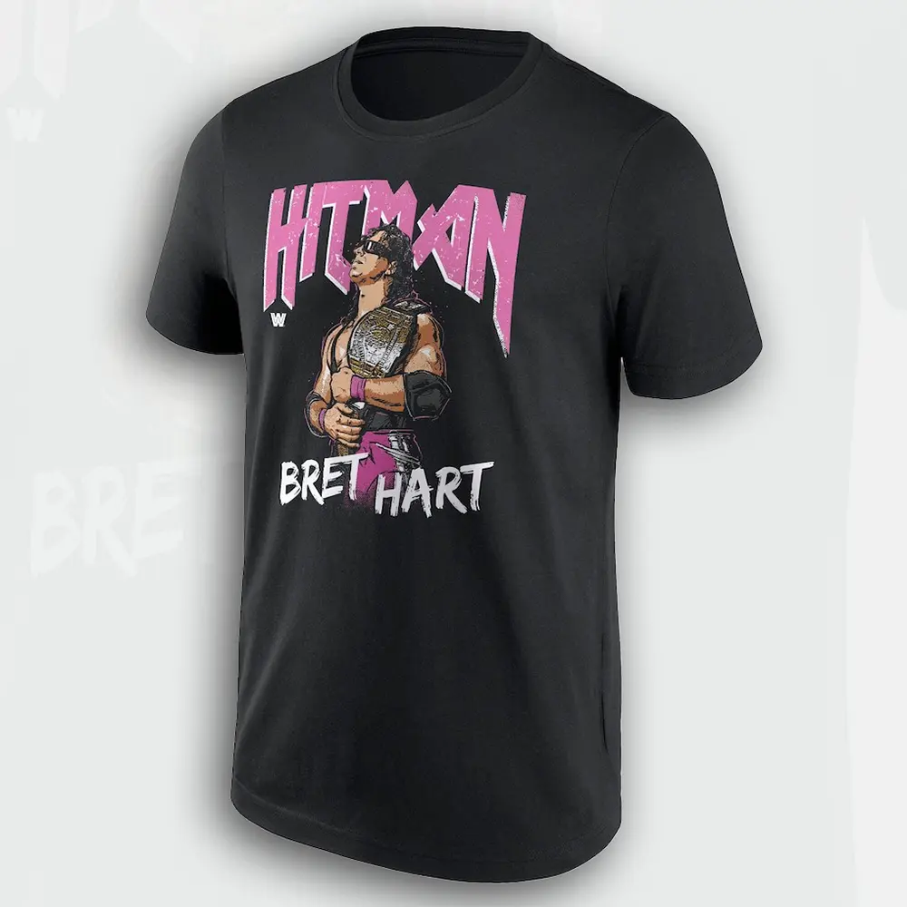 Men's Bret Hart HitMan Short-Sleeve Fitted Cotton Casual Menswear T-Shirt - Black Retro WWE Legend Wrestling Fan Apparel, Vintage Gift for Him
