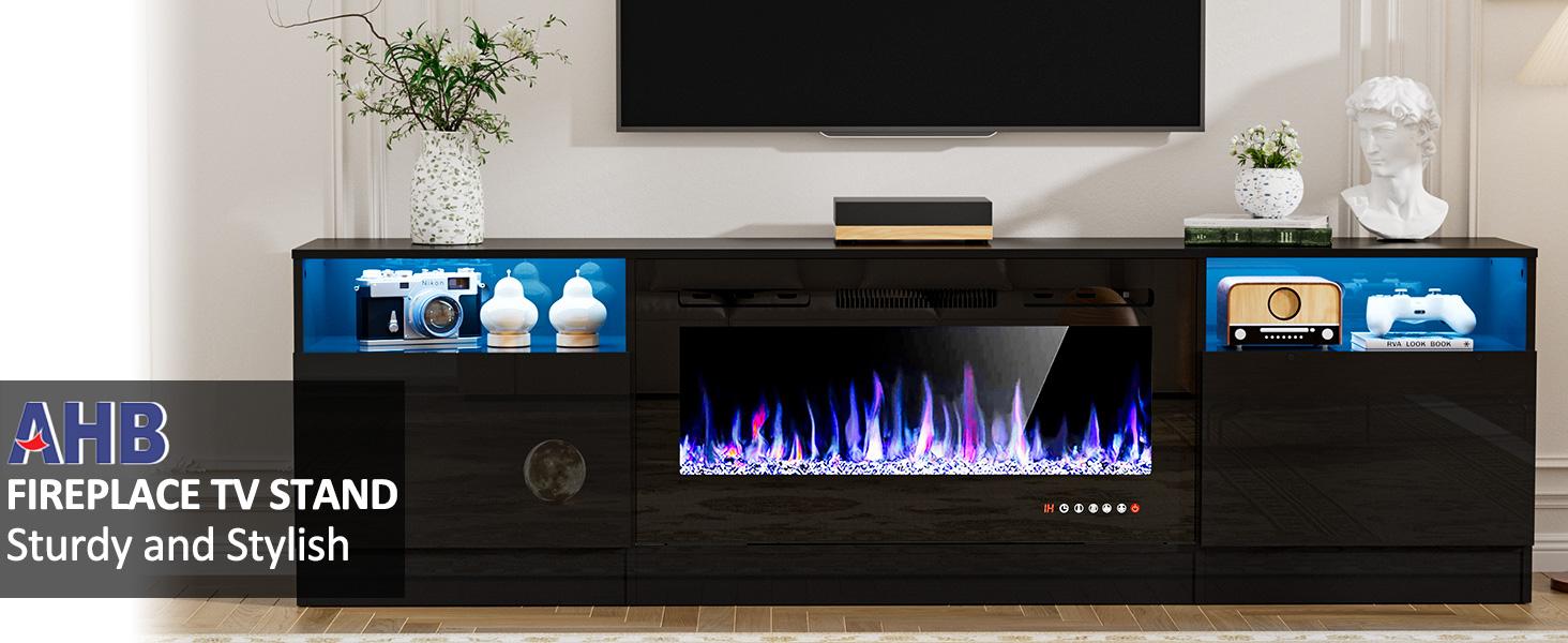 【2 Packages Shipping】AHB 70" Fireplace TV Stand for TVs Up to 80" with 36" Electric Fireplace, TV Console for The Living Room, LED Light Entertainment Center, Storage Cabinet, Media Console Table, Black