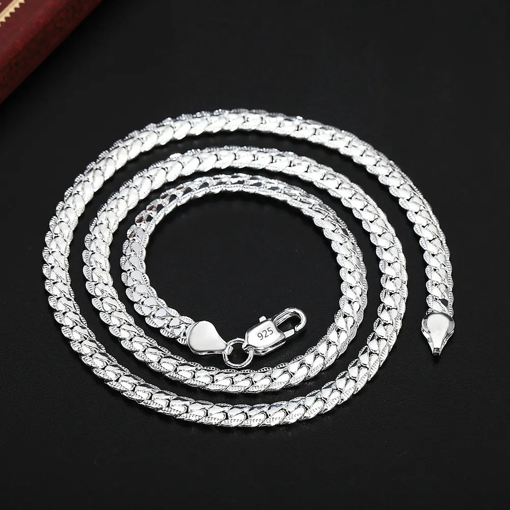 925 Silver Full Side Cut Cuban Link Chain Necklace, 20 Inch (50cm) Thin Sideways Curb Chain, Hypoallergenic Blank Pendant Chain with 925 Lobster Clasp, Unisex Silver Jewelry for Men Women Daily Wear Gift