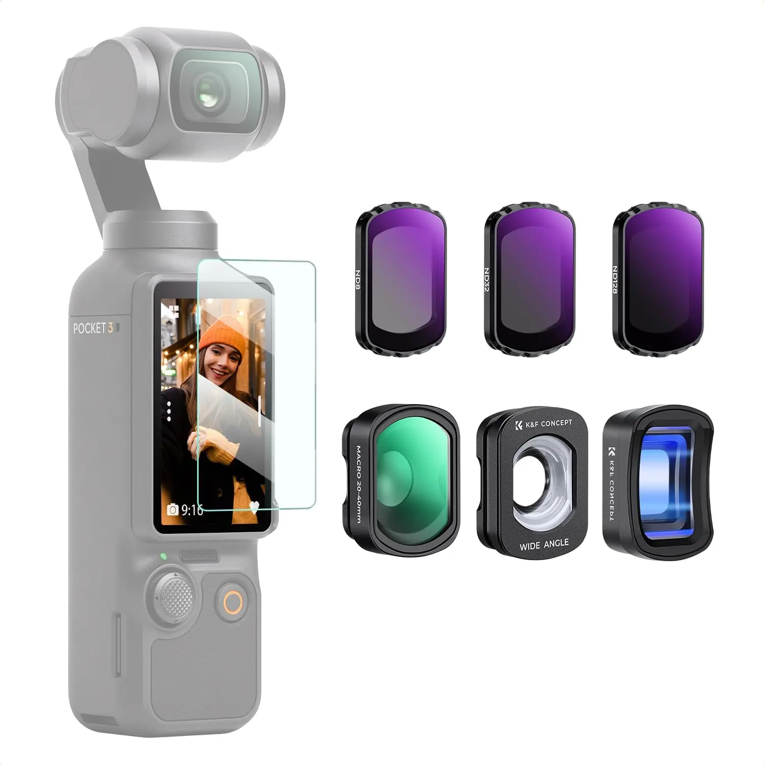 K&F Concept 6-Pack Camera Accessories Kit for DJI Osmo Pocket 3/XTRA - 10X Macro, 1.2X Anamorphic, 112° Wide Angle Lenses, ND8/ND32/ND128 Filters, Optical Glass Magnetic Frame