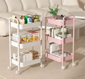 3 Tier Rolling Cart with Table top, Metal Rolling Utility Cart, Sturdy Storage Organizer Cart with Locking Wheels & Hooks for Office, Classroom, Kitchen and Bathroom Corner Clear Cosmetic Rack Magnetic Spice Drink Set Collapsible Multifunctional Bins