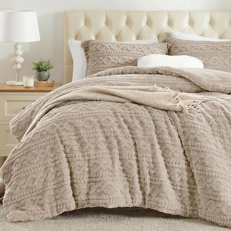 HOMELIKE MOMENT Queen Size Reversible Fluffy Fleece Comforter Set Ultra Soft Cozy Machine Washable Bedding for Christmas Winter Dorm & Bedroom Decor Beige 3-Piece Set, Valentines Gifts