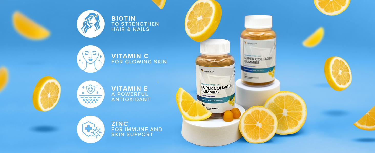 Super Collagen Gummies With Vitamin C - Includes Types I & III Collagen, Healthcare Dietary Fitness Supplement Edible Beauty Supplement Gummy - Vitauthority- Lemon Flavor