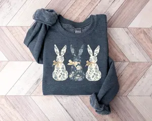 Floral Bunny Sweatshirt, Cute Easter Bow Crewneck, Trendy Bunny Women's Sweater, Coquette Easter Bunny Sweatshirt, Gift for Her