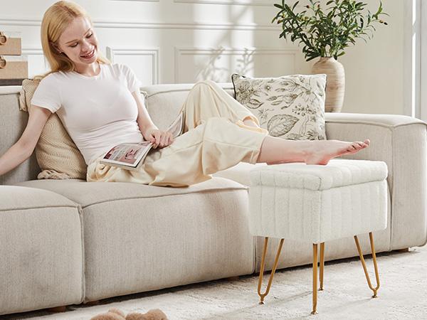 Vanity Stool Chair with Storage, Ottoman Faux Fur Soft Padded Makeup Footstools Seat Modern Footrest for Home Entryway Bedroom