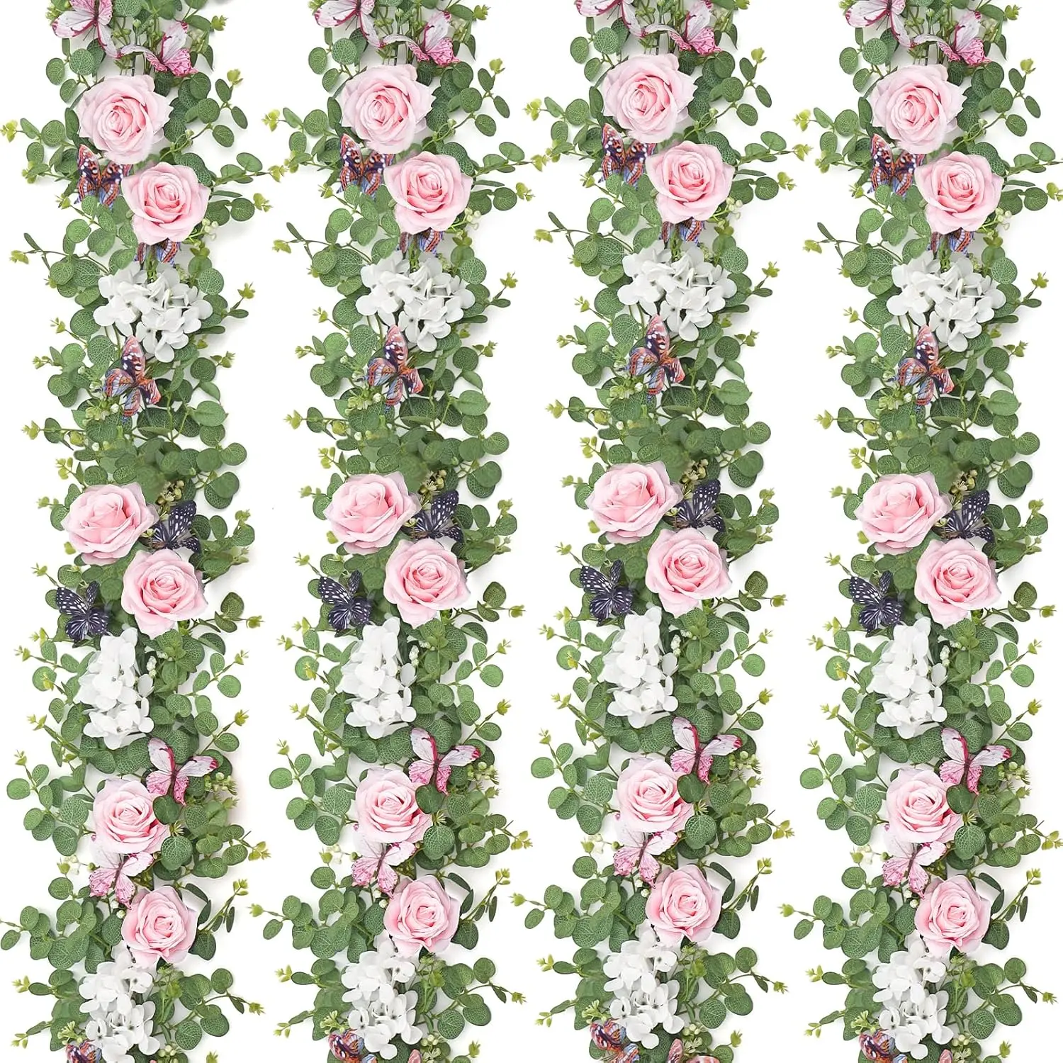 1/2 Pcs 5.9Ft Artificial Flower Garland Fake Rose Hydrangea Vines with Butterflies Hanging Floral Flowers Greenery Eucalyptus Garland for Wedding Home Party Room Table Backdrop Decor (Pink, 2 Pcs)