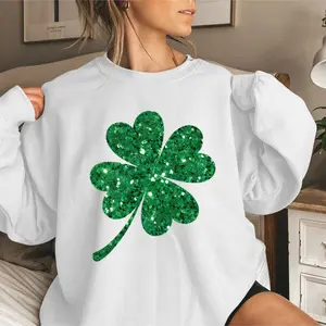 Glitter Shamrock St Patrick’s Day Sweatshirt, T-Shirt - Lucky Four Leaf Clover Graphic Crewneck, Sparkly Irish Aesthetic Pullover, Festive Holiday Gift for Men and Women