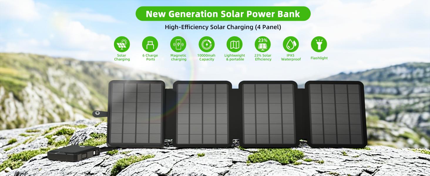 10000mAh Solar Power Bank, Detachable Solar Panel, 14W Foldable, Magnetic Charging, 5 Port Fast Charging, IPX5 Waterproof, Works Separately for Phones/Tablets, Camping Outdoor