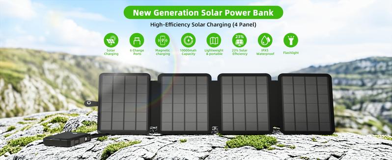 10000mAh Solar Power Bank, Detachable Solar Panel, 14W Foldable, Magnetic Charging, 5 Port Fast Charging, IPX5 Waterproof, Works Separately for Phones/Tablets, Camping Outdoor
