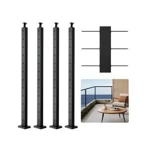 VEVOR 4-Pack Cable Railing Post, 42x2x2 In Horizontal-Hole Deck Railing Post with Pre-Drilled Holes, Stainless Steel Cable Rail Post with Horizontal and Curved Bracket, Black
