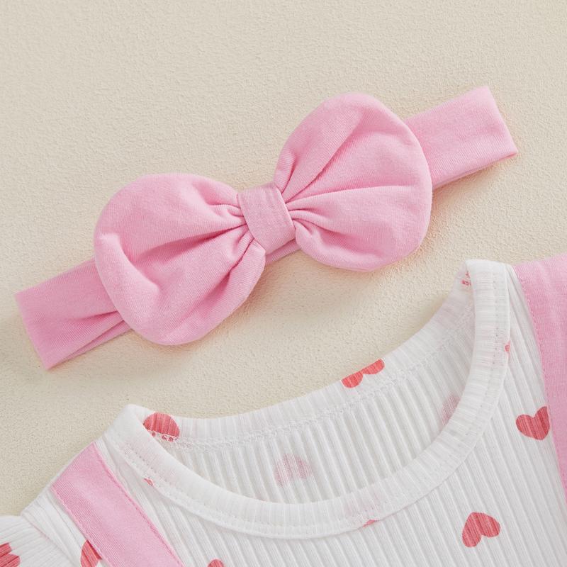 Calsunbaby Valentine Baby Girl Outfit Heart Print Ribbed Long Sleeve Newborn Valentines day Romper Dress Headband Set