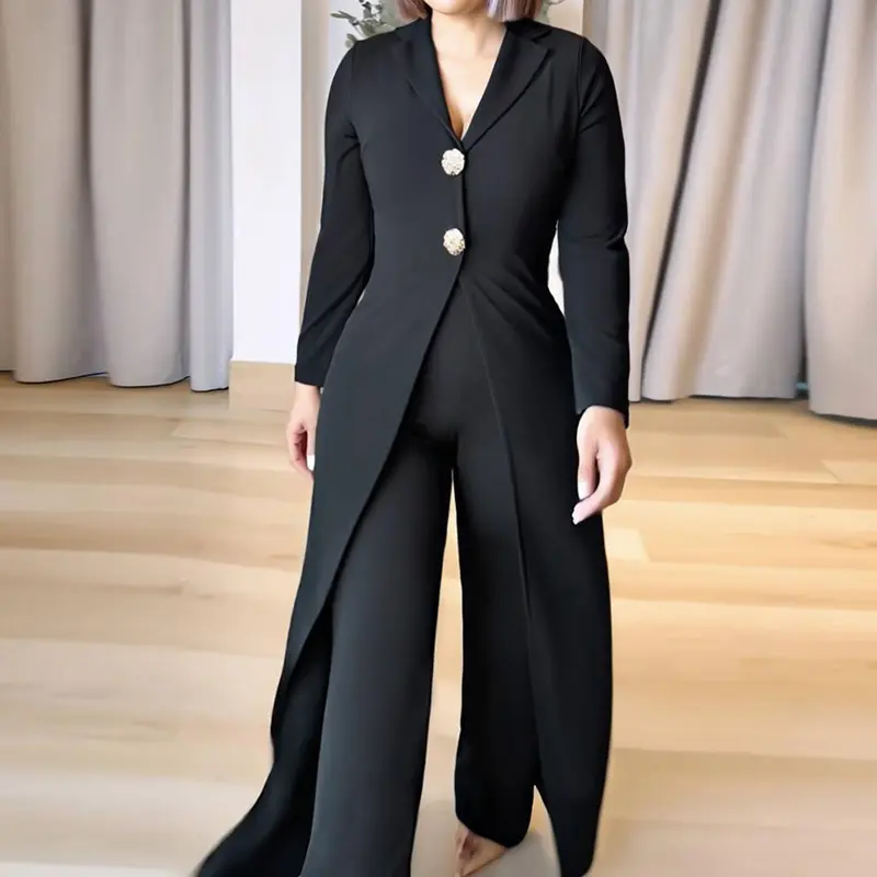 CHICME Women's Notched Collar Long Sleeve Button Front Jumpsuit Wedding Guest Wedding Casual Cinched Waist Wide Leg Faux Two-Piece Jumpsuit