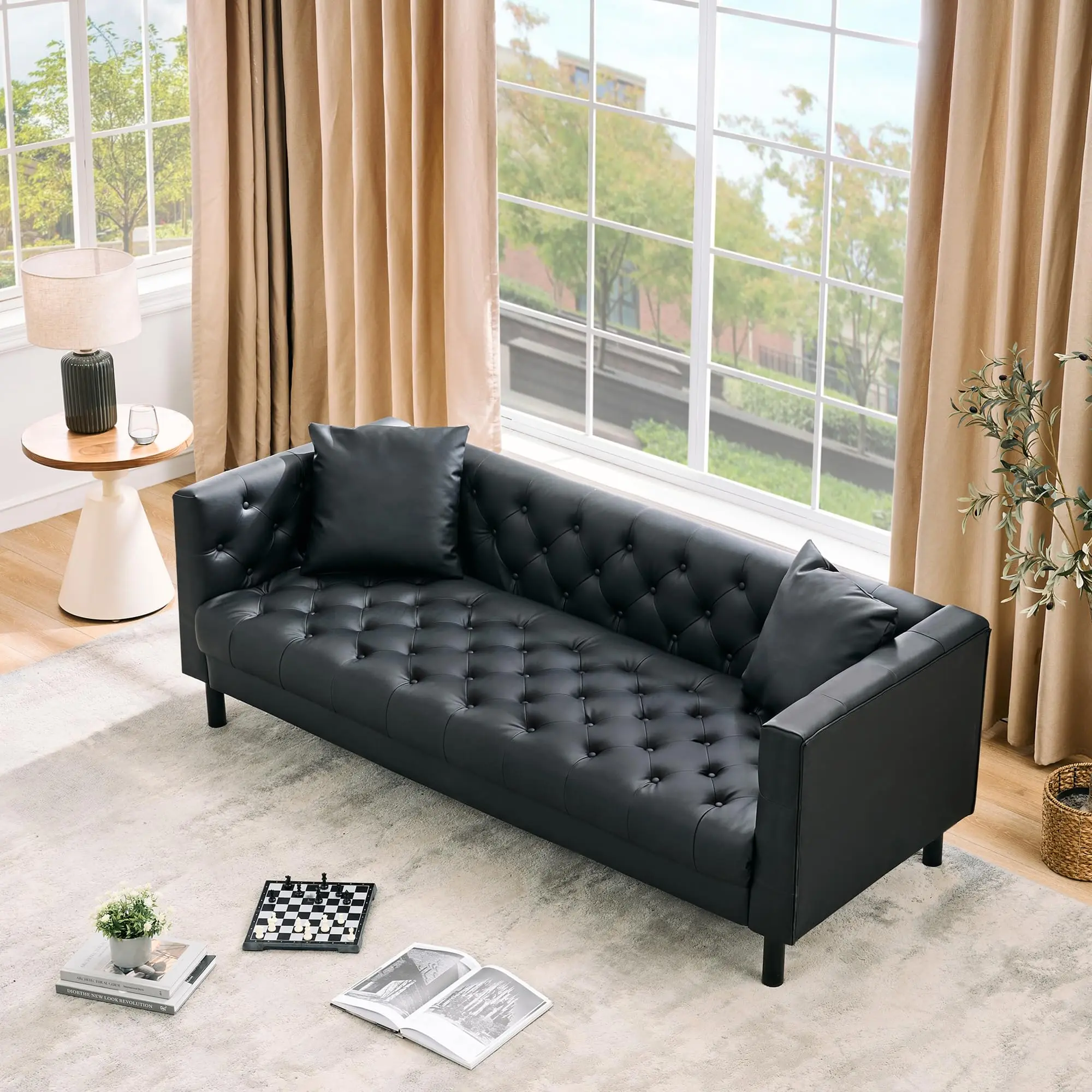 Garvee 81 Inch Mid-Century Modern Chesterfield Leather Sofa, Black 3-Seater Couch with Deep Seats, Button Tufted Design, Includes 2 Pillows, Perfect for Living Room, Apartment, or Office
