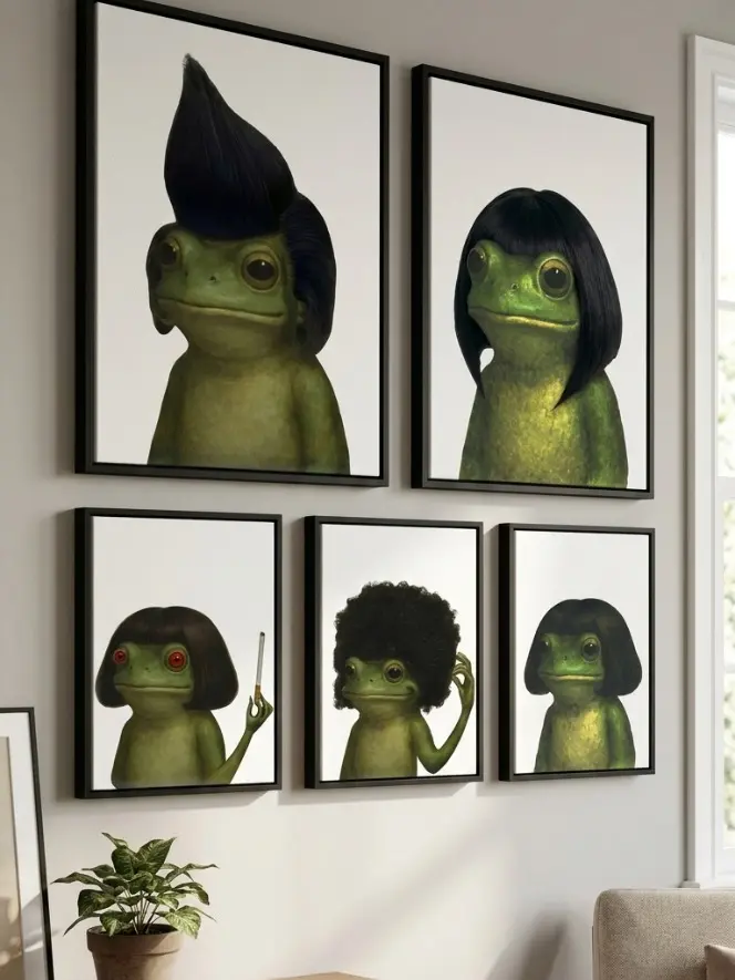 Funny Frog Portraits Canvas Wall Art Print - Vintage Waterproof Artistic Decoration, Retro Absurdism Animal Poster with Bob, Afro, Pompadour Hairstyles, Bold Meme Energy, Pick Your Frog Vibe, Gift-Worthy Quirky Bedroom Decor for Home Supplies Enthusiasts
