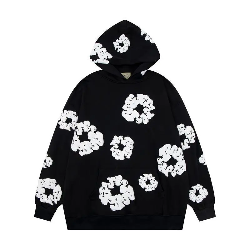 New Men's Aesthetic Flower Puff Graphic Hoodie - Baggy Oversized Loose Sweatshirt Jacket, Unisex Long Sleeve Round Neck Casual Pullover, Menswear Streetwear Tops for Jeans, Classic Black Motocross Hooded Sweatshirt