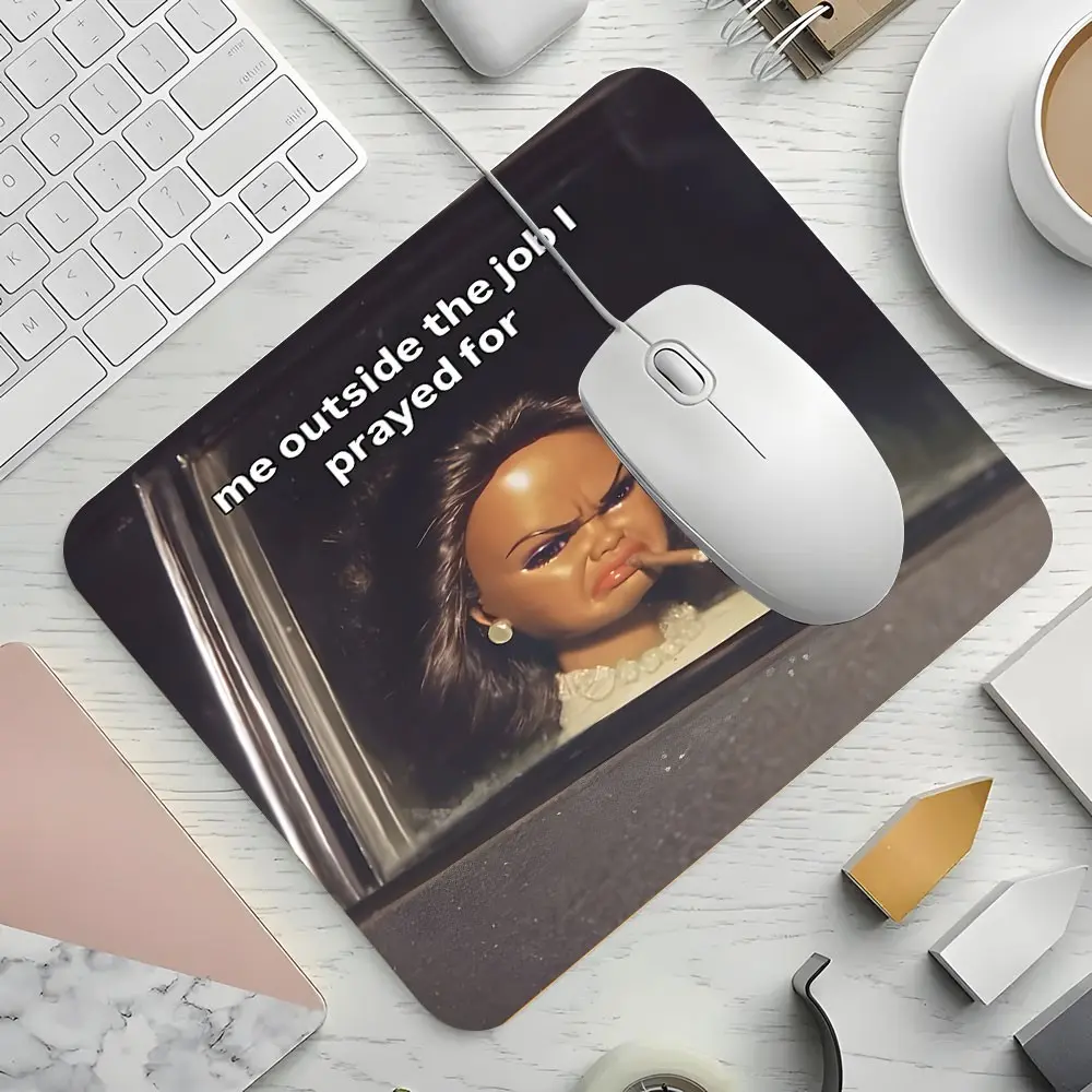 Sarcastic Work Meme Doll Smoking Cigarette Square Gaming Computer Mouse Pad, Desk Accessories, Retro Toy Face Design, Non-Slip Smooth Surface Mousepad for PC, Laptop & Gaming Setup, Small Size, Gift for Coworkers & Meme Lovers, Mouse Mat