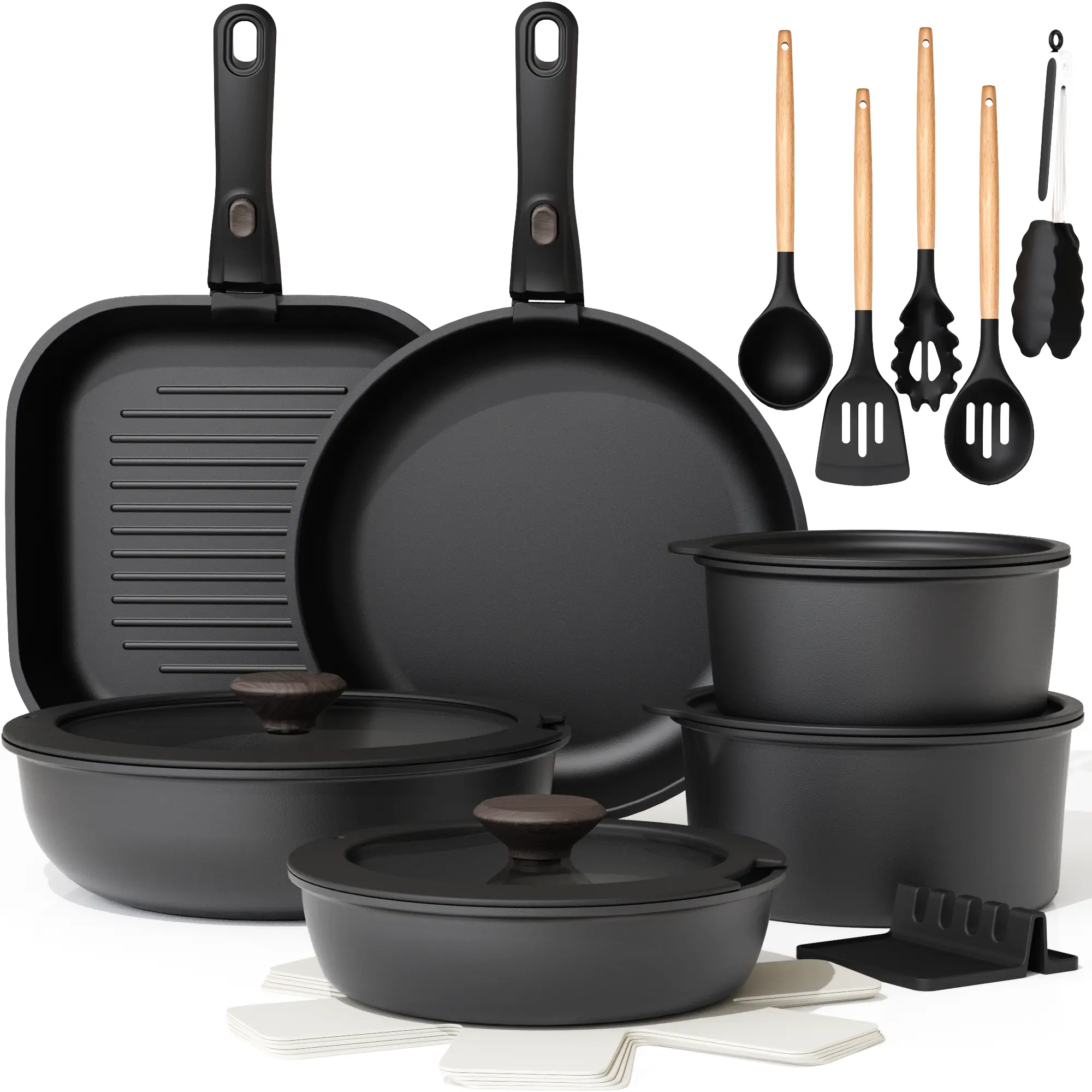 Astercook 22PCS Ceramic Nonstick Pots and Pans Set with Lids, Detachable Handle, Steak Frying Pan & Egg Pan, PFOA-Free, Father's Day Gift for Men Oil Space Saving  Aluminium Cookware Induction Stackable