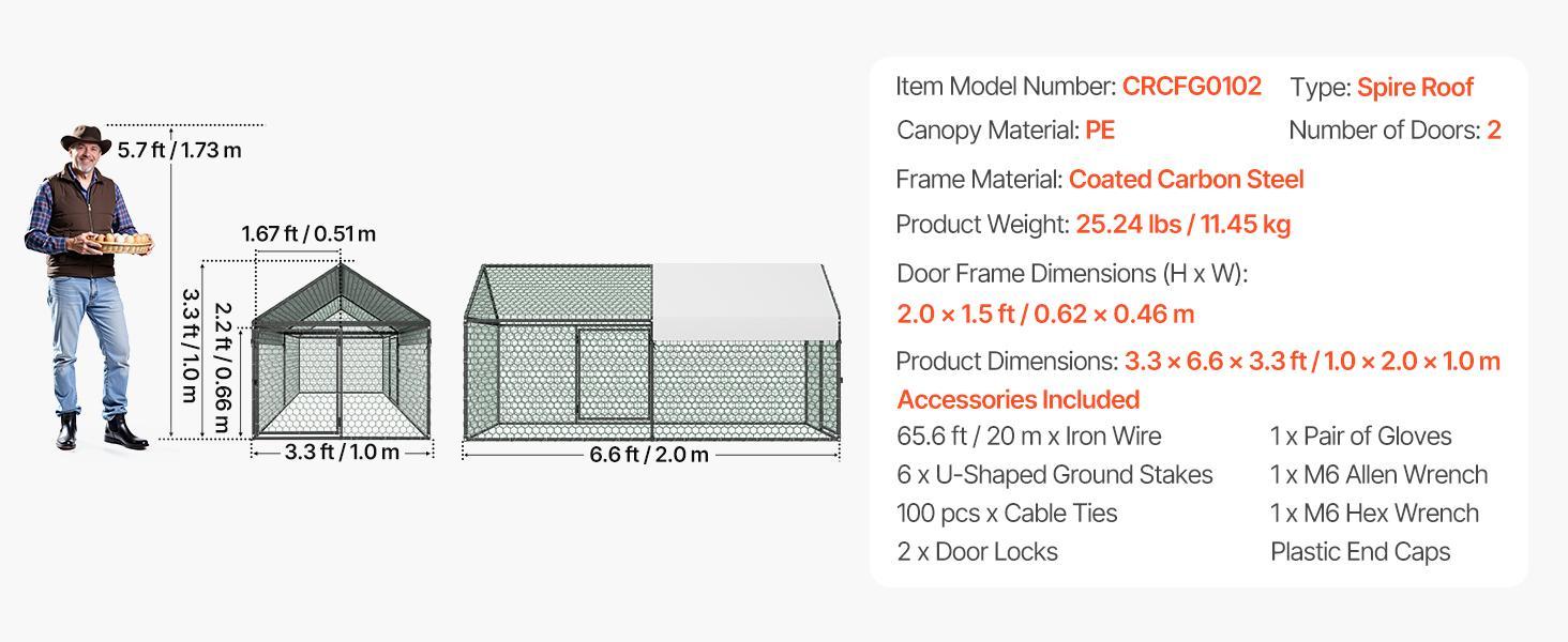 VEVOR Metal Chicken Coop for 4-6 Chickens, 3.3 x 6.6 x 3.3 ft, Small Chicken Cage with Waterproof Cover & Double Doors, Spire Roof Poultry Run Compatible with Wooden Coops, for Rabbit Hen Goose Duck#BackToSchool VEVOR Metal Chicken Coop for 4-6 Chickens, 3.3 x 6.6 x 3.3 ft, Small Chicken Cage with Waterproof Cover & Double Doors, Spire Roof Poultry Run Compatible with Wooden Coops, for Rabbit Hen Goose Duck#BackToSchool