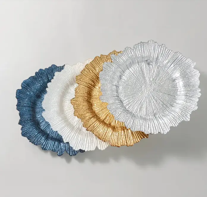 Z Gallerie Spruzzo Gold Charger Plates Set of 4 - 13" Dia. (13 inches) Metallic Backing Metal Shell Themed Modern Leaf Irregular Ceramic Glass Dinner Plates, Hand Wash Only Kitchen Table Decor Dinnerware, Speciality Plate