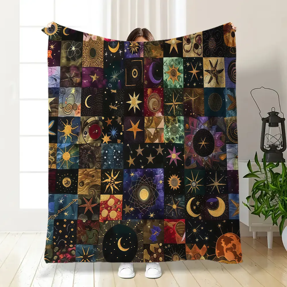 Celestial Patchwork Throw Blanket,Sun Moon & Star Print Cozy Soft for Astrology Lovers Bedroom Decor Mystical Night Sky Gift