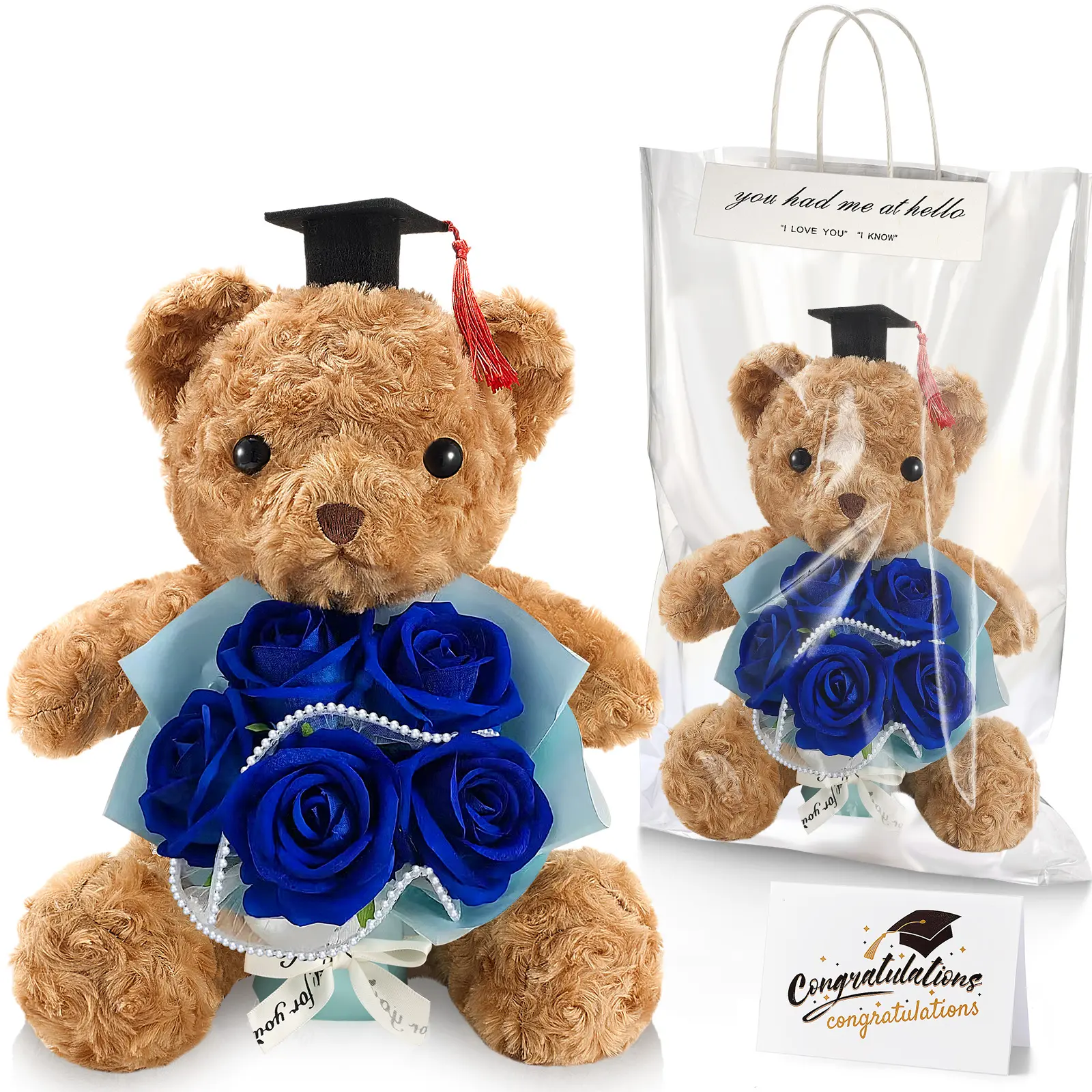 2026 Graduation Bear Plush with Bouquet Set - Stuffed Animal with Cap, Artificial Rose Bouquet, Decorative Box, Greeting Card, Photo-Inclusive Graduation Theme Element Party Gift for Congrats Grad, Graduation Theme Element Party Gifts