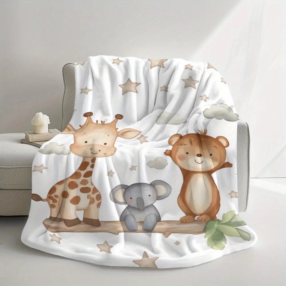 Baby Animal Blanket, Cute Safari Throw Blanket, Soft Flannel Giraffe Elephant Bear Blanket for Baby Boys Girls Toddlers, Nursery Room Decor, Baby Shower Gift, Kids Blanket for Crib Bed Couch Stroller