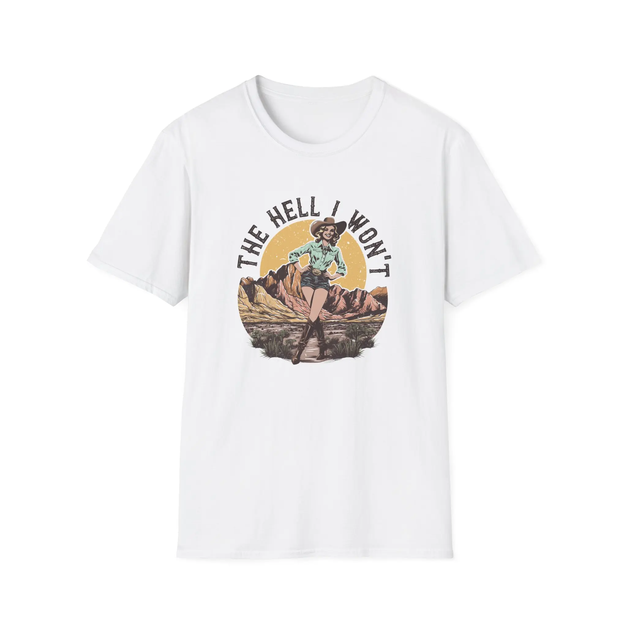 The Hell I Won't cowgirl graphic T-Shirt | vintage western sunset design Cotton Crewneck Tee Top