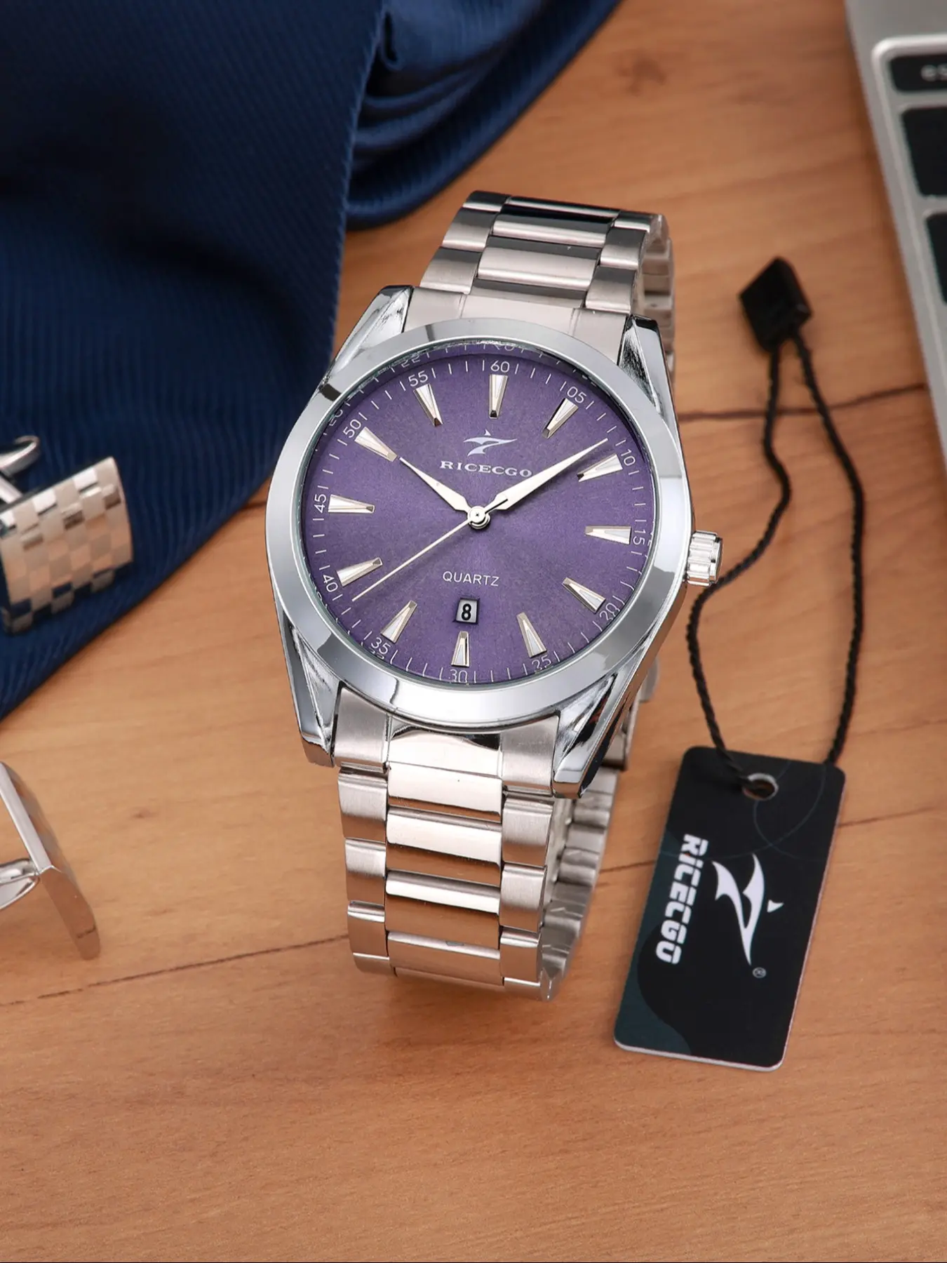 Ricecgo men's watch, 43mm round large dial, Analog Watches, Analogue Quartz Watch, durable stainless steel strap, date display, Business Quartz Wristwatch, Stylish Watch, perfect birthday gift choice, fashionable and durable
