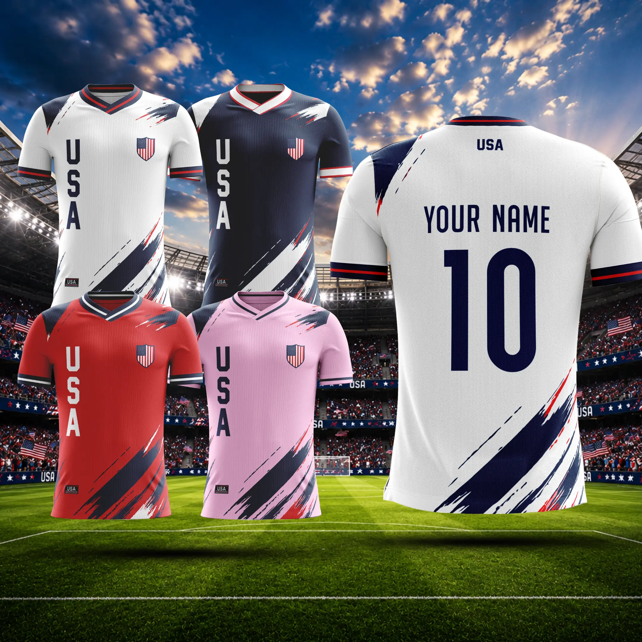 USA Flag Inspired Custom Name & Number Soccer Jersey – Personalized Patriotic Sports Shirt