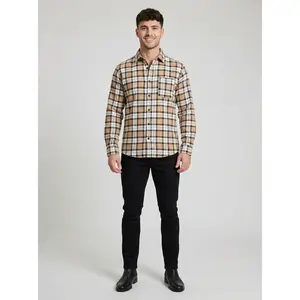 Men's Classic Tan and Black Plaid Button-Down Shirt - Long Sleeve Casual Top