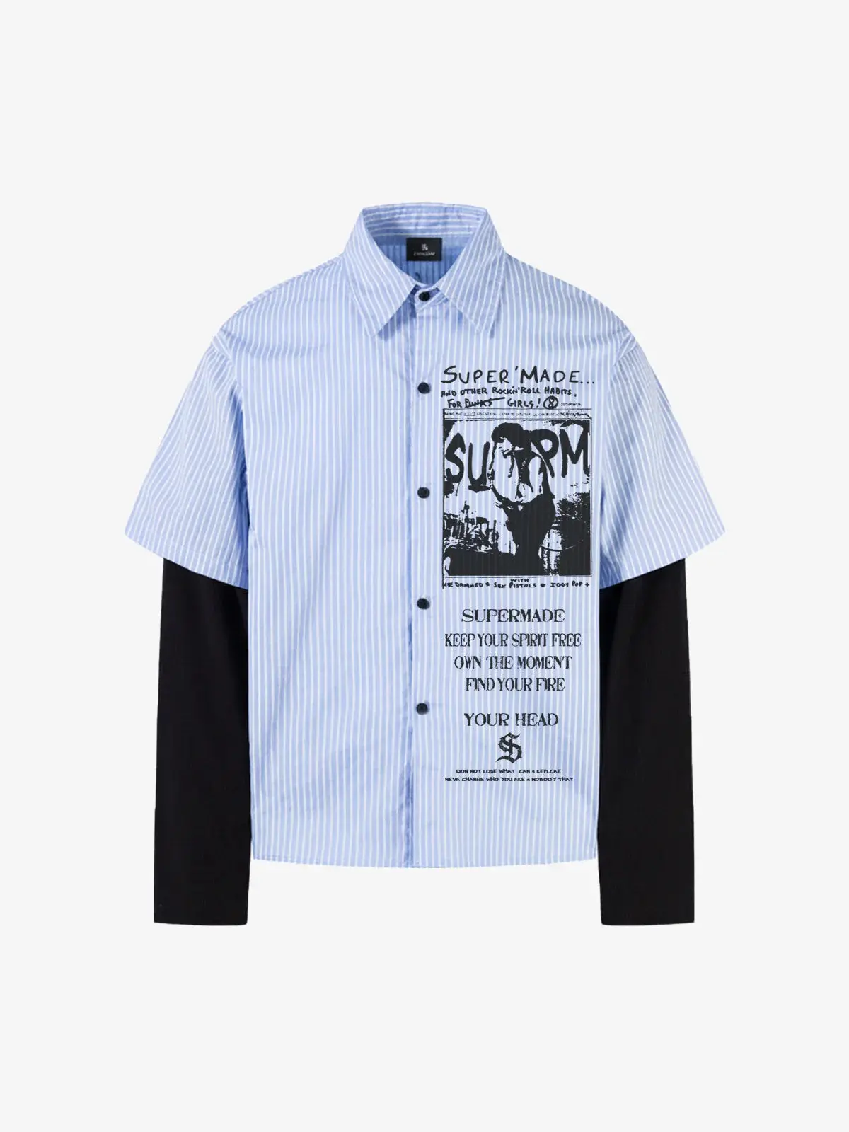 Thesupermade Men's Vintage Illustration Striped Faux 2-Piece T-Shirt