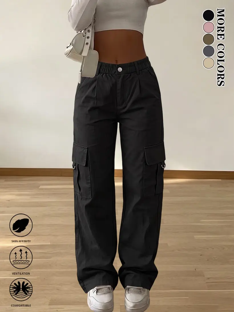 LIFE KEEPS MOVING women’s spring/autumn fashion casual athletic cargo pants, street-style elastic-waist cargo pants with pockets, high-waisted cargo pants, solid-color straight-leg outdoor casual pants, versatile wide-leg pants, suitable for all seasons