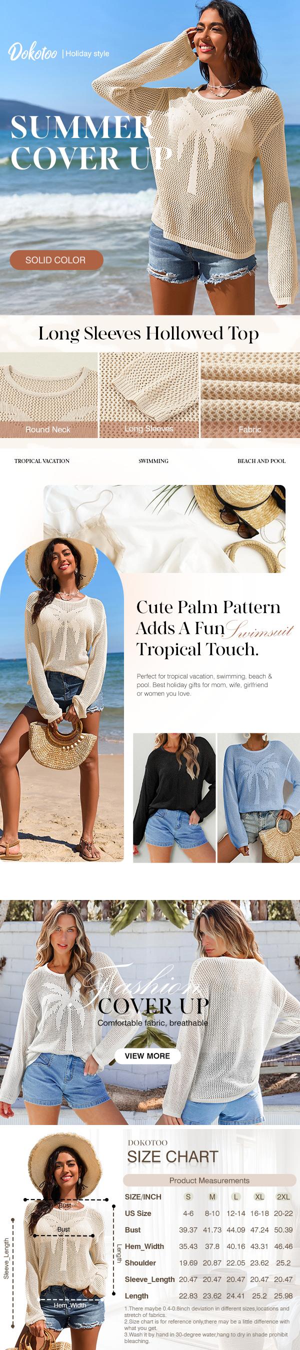 Dokotoo Womens Fashion 2026 Summer Crochet Hollow Out Long Sleeve Sweaters Casual Crewneck Pullover Shirt Beach Coverup