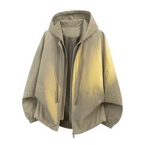 Men’s spring/autumn hooded casual fashion jacket, color-block patchwork jacket, retro faux two-piece long-sleeve jacket, trendy versatile hooded jacket, windproof, comfortable, breathable top, suitable for everyday wear and outdoor sports