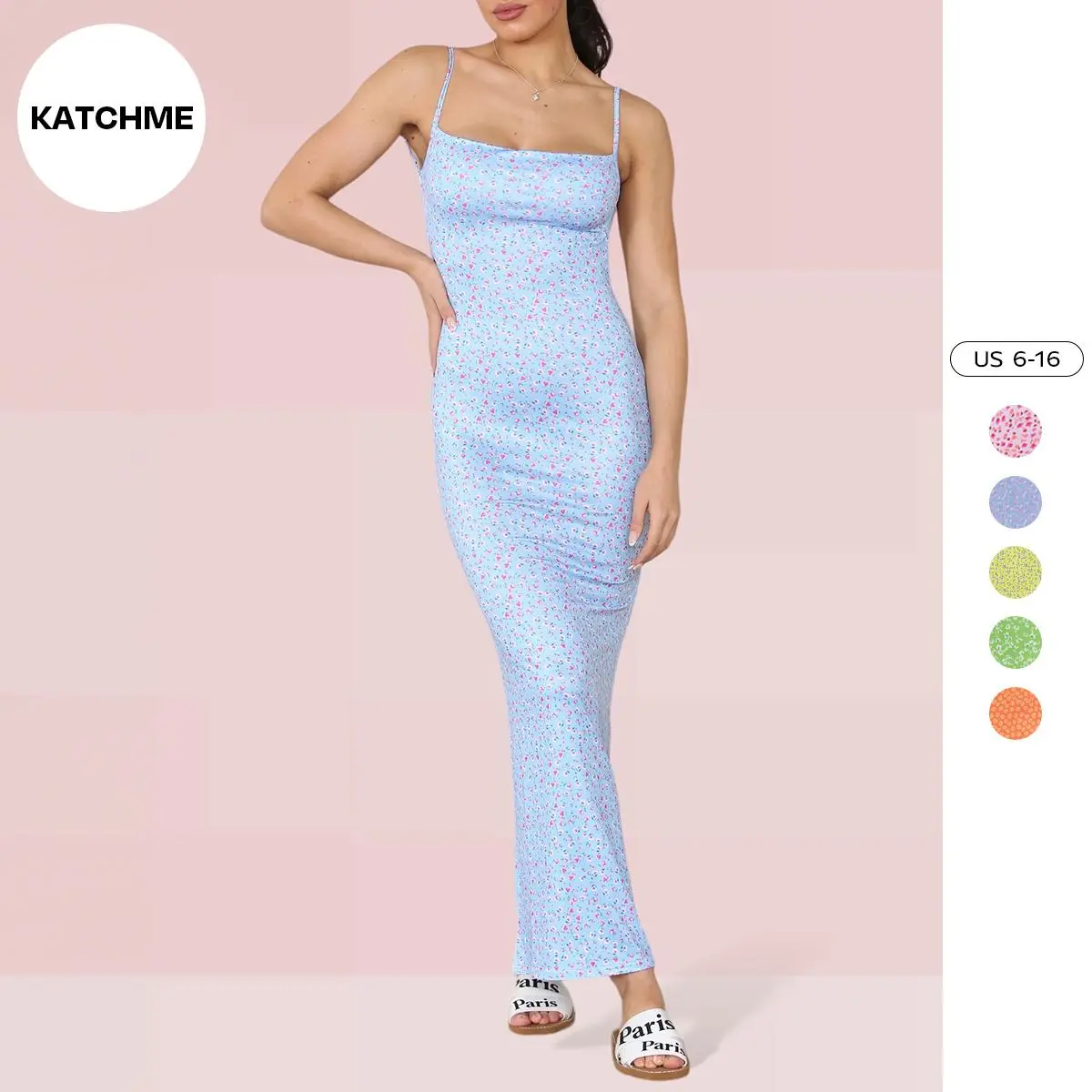 KatchMe Women's Sweet Floral Print Low Back Thin Straps Slinky Dress,Slim-Fitting Sleeveless Womenswear,Backless Ladies Spaghetti Straps Maxi Dresses