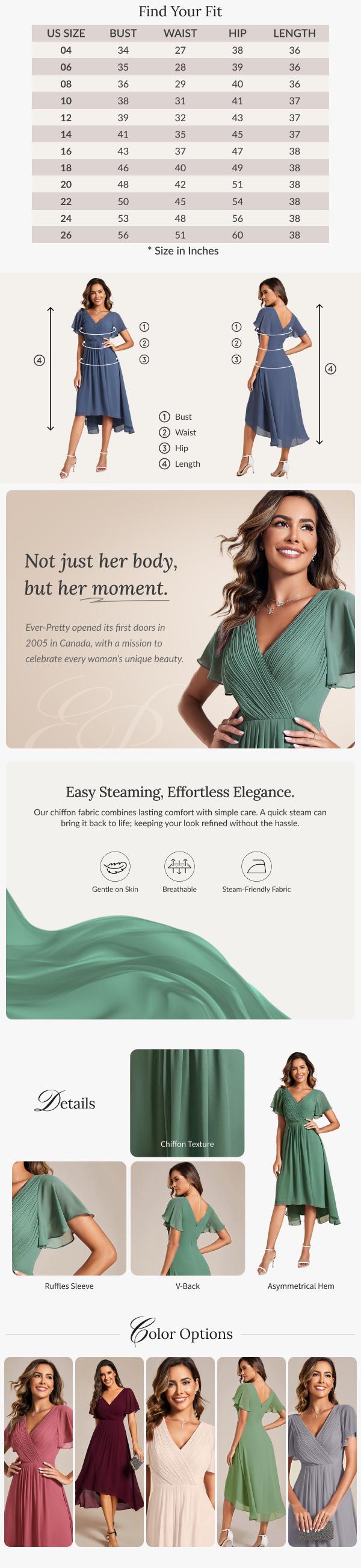 Ever-Pretty 2026 Spring Elegant Chiffon Midi Dress with Deep V-Neck, Flutter Sleeves and Asymmetrical Hem for Wedding Guest Dress 01923