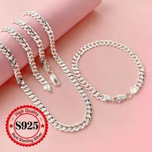 925 Sliver Plated 7mm chic minimalist jewelry Sideways Men's Chain Necklace & Bracelet Set 50-60CM/20-24IN Elegant Jewelry Gift for Him Stylish Everyday Wear or Special Occasion Accessory