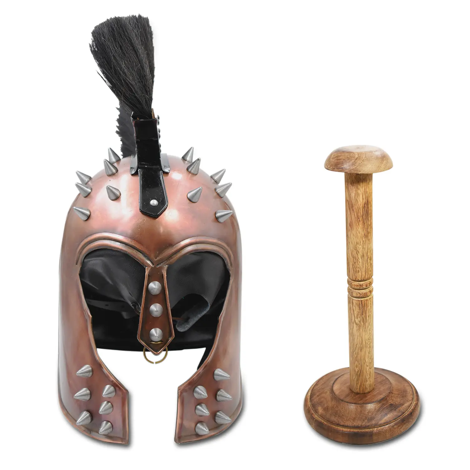 Medieval Warrior Spartan Helmet for Men, King Leonidas Style Copper Plate with Black Plume, Wearable & Adjustable for Costumes, Includes Stand, Menswear