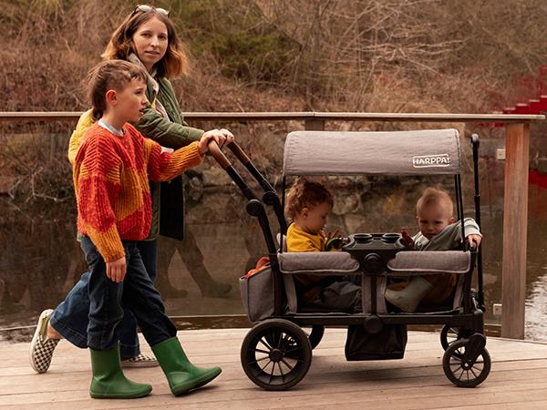 HARPPA All-Terrain Wagon Stroller for 2 with Canopy, Foldable 2-Seat Strollers for Babies, 4 Seats Wagon for Outdoor & Beach, Adjustable Push & Pull Handle, Footwell & Large Storage