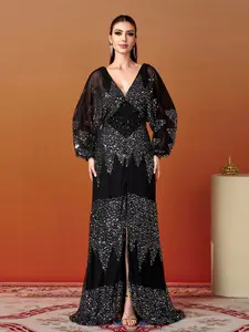 MISSORD Lantern Sleeve V-Neck High Split Black Prom Dress with Sequin Fabric and Back Zip Closure for Formal Events - Fit