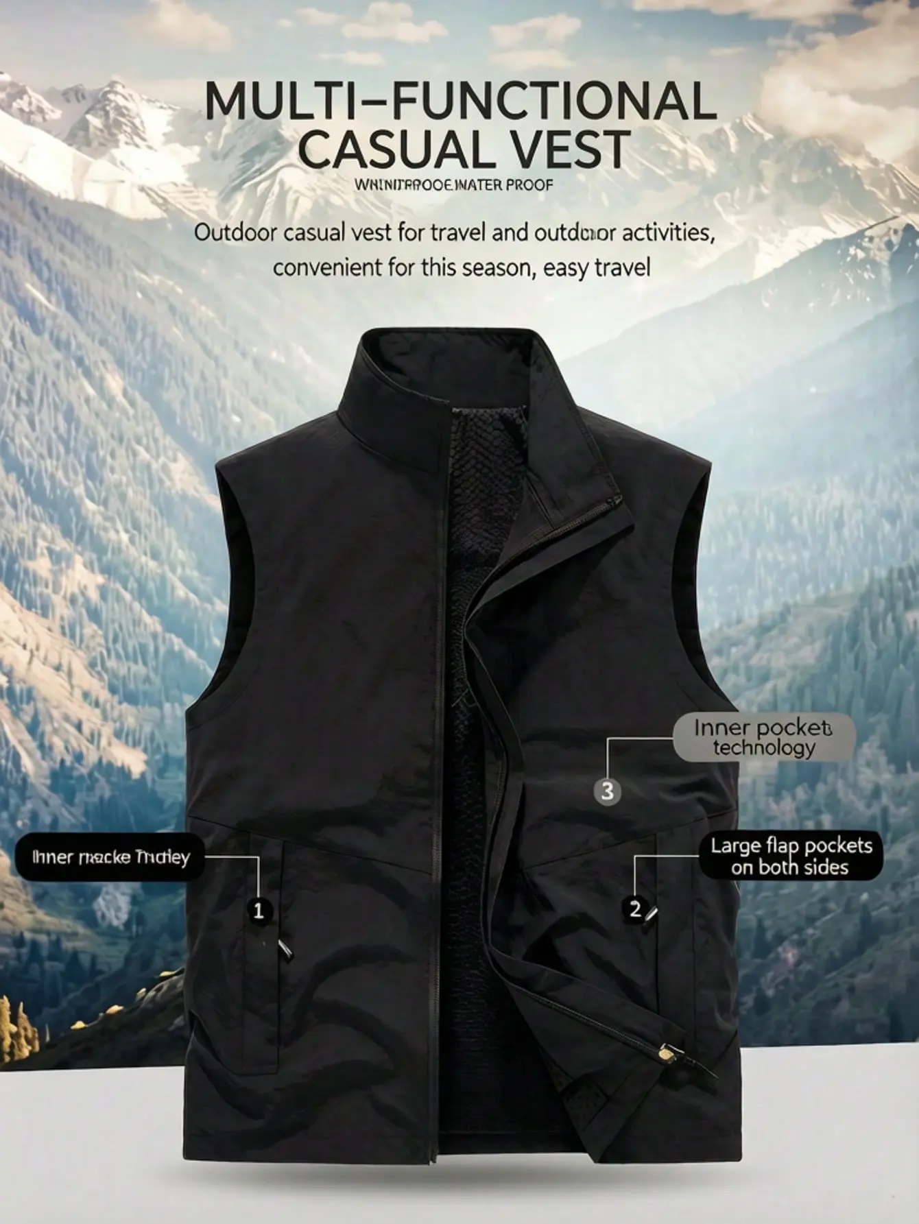Men's Lightweight Stand-Collar Vest Jacket - Breathable Mesh Sleeveless Menswear Tops, Outdoor Casual Wear Garment for Work, Stylish, Front Zipper, Pants, Plain