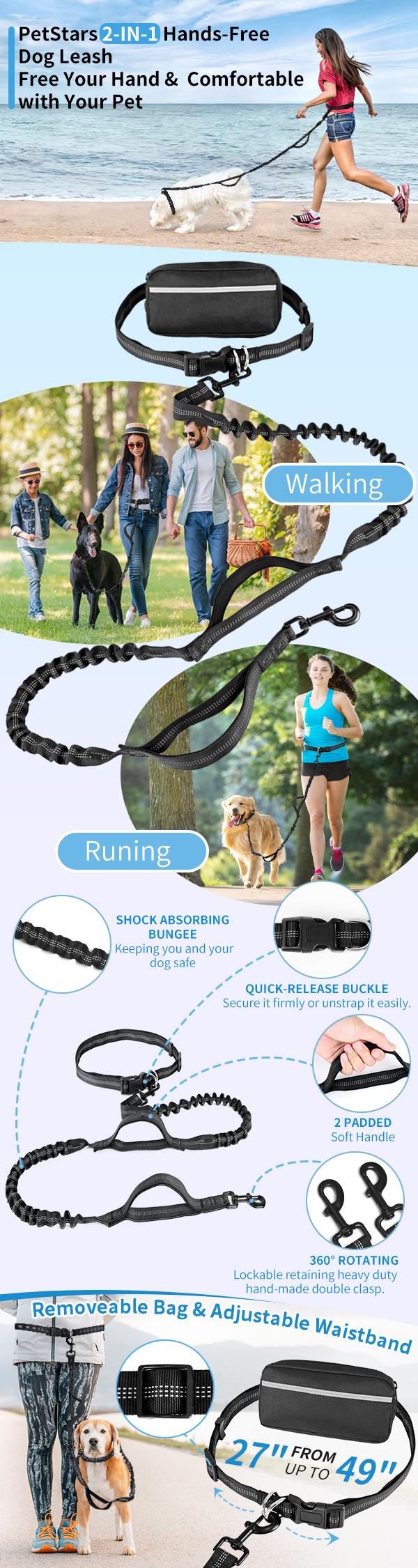 PetStars Hands Free Dog Leash with Zipper Pouch, Dual Padded Handles and Duarable Bungee  Adjustable Waist Belt (27" - 49") Up to 120 lbs, Suit for Medium to Large Dogs Walking, Jogging and Running